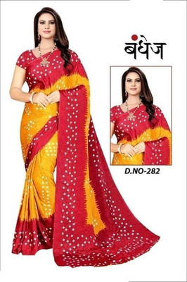 jihana fab Printed Bandhani Chiffon, Silk Blend Saree(Yellow, Red)