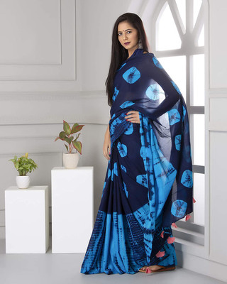 Craftmusium Printed, Color Block, Blocked Printed, Floral Print, Dyed Daily Wear Pure Cotton Saree(Dark Blue)