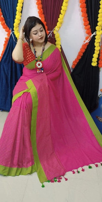 GOLU Checkered, Striped Handloom Cotton Blend Saree(Maroon)
