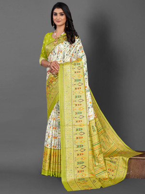 Divastri Printed Daily Wear Silk Blend Saree(White)