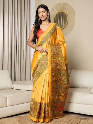 Divastri Printed Daily Wear Silk Blend Saree(Mustard)