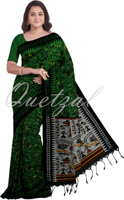 Quetzal Printed, Solid/Plain, Self Design Sambalpuri Pure Cotton Saree(Green)