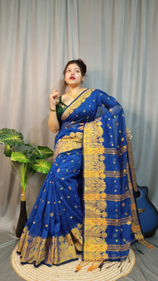 Anu Self Design Handloom Cotton Silk Saree(Dark Blue)