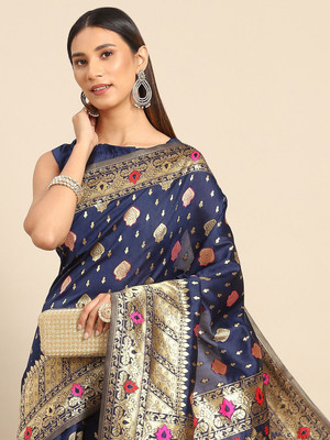 ANOUK Woven Banarasi Silk Blend Saree(Dark Blue)