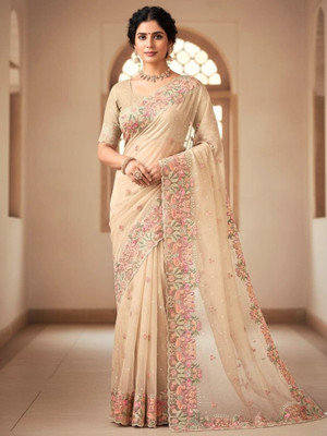 Rupdarshi Embroidered, Floral Print Bollywood Organza Saree(Beige)