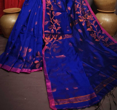 Ganesh plastic and industry Printed Tant Cotton Silk Saree(Blue)