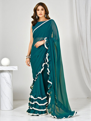 fFASHION Solid/Plain Bollywood Georgette Saree(Green)