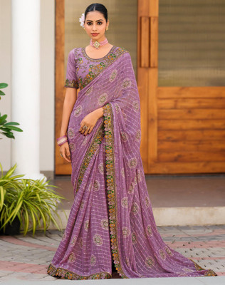 Tasrika Printed, Embroidered, Embellished Bandhani Chiffon, Georgette Saree(Purple)