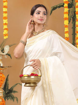 Kalyan Silks Solid/Plain Kasavu Cotton Blend Saree(Cream)