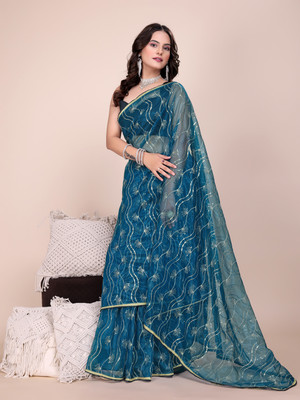 yourwish Embellished, Embroidered Bollywood Supernet Saree(Dark Green)
