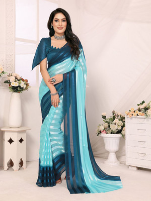 Moda Rapido Striped, Self Design Daily Wear Satin Saree(Blue)