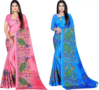 Leelavati Printed Bollywood Crepe Saree(Pack of 2, Pink, Blue)