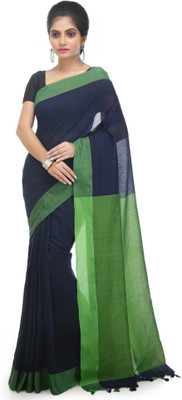 GOLU Solid/Plain Handloom Pure Cotton Saree(Green, Black)