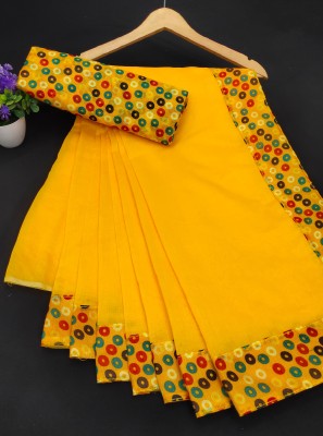 Pinnacledesigns Printed Chanderi Chanderi Saree(Yellow)