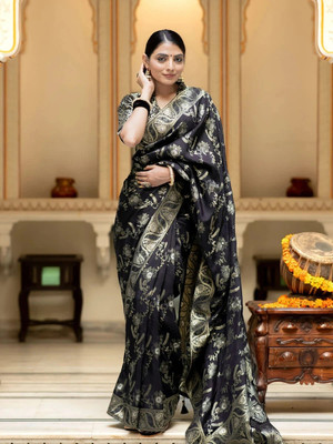 VERAFASHION Woven Kanjivaram Cotton Silk Saree(Black)