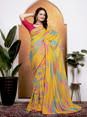 Kanooda Prints Printed Bandhani Georgette Saree(Yellow)