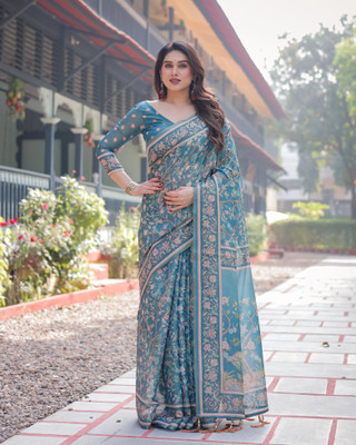DHAYNAAND REEWA FASHION Digital Print Kanjivaram Linen Saree(Blue)