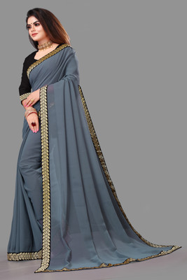 jaybajrangfab Temple Border, Solid/Plain Bollywood Georgette Saree(Grey)