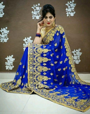Radheradhey Embroidered, Floral Print Bollywood Georgette Saree(Blue)