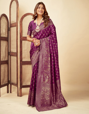 Samah Woven, Embellished, Self Design Banarasi Silk Blend, Jacquard Saree(Magenta, Gold)