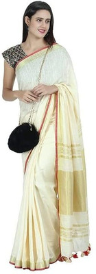 WEAVE TRENDS Solid/Plain Daily Wear Cotton Linen Saree(Cream)