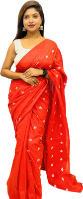 MA TARA TEXTILES ROHIT Floral Print Handloom Cotton Blend Saree(Red)