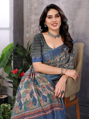 HITESH ENTERPRISE Floral Print Bollywood Cotton Linen Saree(Dark Blue)