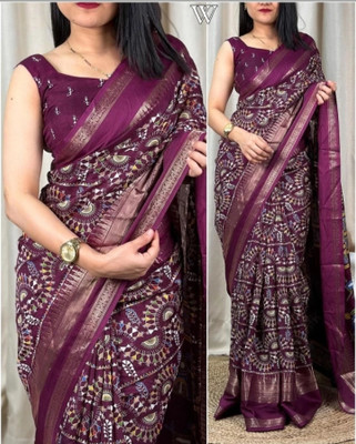 Ridham Printed Kalamkari Silk Blend Saree(Light Green)