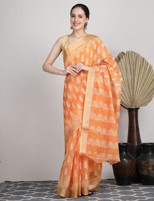 Tantvi Printed Handloom Cotton Linen Saree(Multicolor)