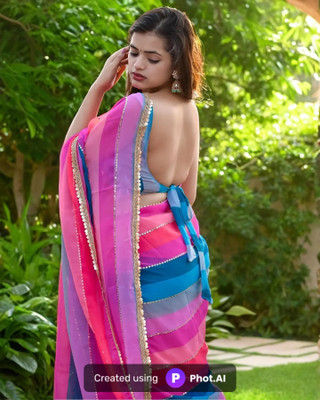 SHOBHTESH Digital Print, Printed, Striped Leheria Georgette Saree(Multicolor)