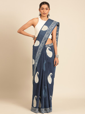 Taavi Blocked Printed Banarasi Cotton Blend Saree(Blue)