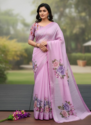 Myraani Floral Print Daily Wear Cotton Linen Saree(Multicolor)
