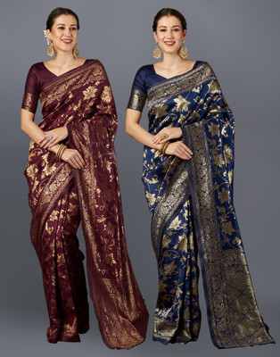 Samah Woven, Embellished Banarasi Silk Blend, Jacquard Saree(Pack of 2, Maroon, Blue)