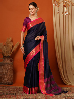 HouseOfCommon Woven, Embellished Mysore Cotton Silk, Jacquard Saree(Dark Blue)