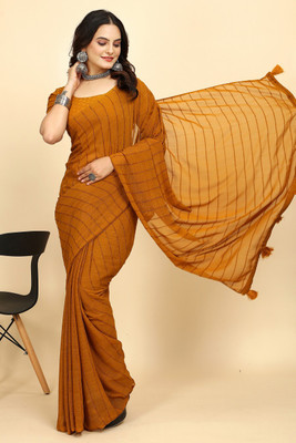 ShiniTrendz Embroidered, Solid/Plain Bollywood Chiffon Saree(Mustard)