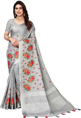 ALAGINI Embroidered Bollywood Linen, Cotton Linen Saree(Grey)
