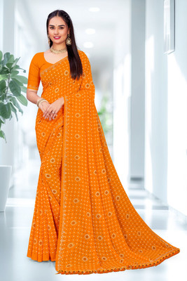 sarees Self Design, Embellished Bollywood Georgette, Silk Blend Saree(Orange)