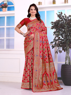 maayro Embellished Banarasi Silk Blend Saree(Red)