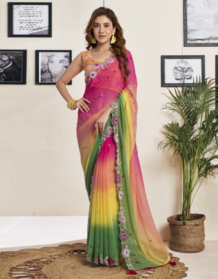 Satrani Self Design Bollywood Georgette Saree(Green, Multicolor)