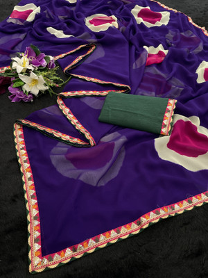 ASTEYAM Printed, Tie-Dye Bandhani Georgette Saree(Purple)