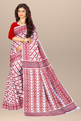 Bhadra Shopping Store Printed Jamdani Cotton Silk Saree(White, Red)
