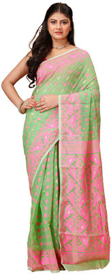 Oishani Saree Ghor Woven Jamdani Cotton Silk Saree(Green, Pink)