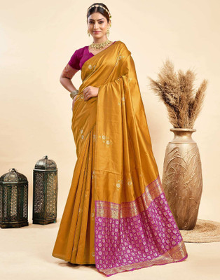 Falessa Woven Banarasi Art Silk Saree(Mustard, Magenta)