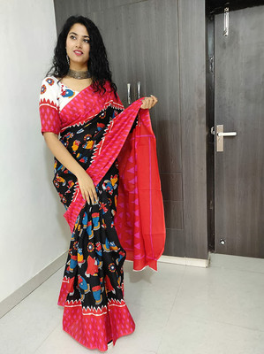 DASTKARPRINT Printed, Color Block, Blocked Printed, Floral Print, Dyed Daily Wear Pure Cotton Saree(Black)