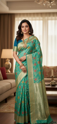 AVIK Floral Print Banarasi Silk Blend Saree(Light Blue)