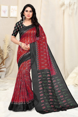 MIRCHI FASHION Printed, Blocked Printed Ikkat Art Silk Saree(Red, Black)