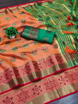 SARIMANIA Self Design, Woven Banarasi Cotton Silk, Pure Cotton Saree(Orange)