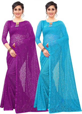 LOROFY Self Design Bollywood Net Saree(Pack of 2, Multicolor, Purple)