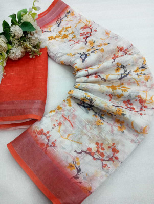 Mervadiya Printed Kanjivaram Cotton Linen, Linen Saree(Multicolor)