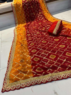 LAKHADATARI PRINTS Printed Bandhani Georgette Saree(Red)